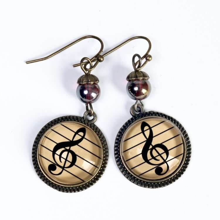 TREBLE CLEF MUSIC DECOUPAGED GLASS CABOCHON DANGLE EARRINGS