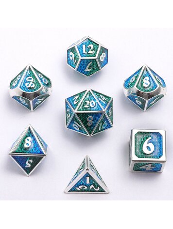 HYMGHO HYMGHO SOLID METAL MINI BEHEMOTH DICE SET - SILVER WITH BLUE AND GREEN