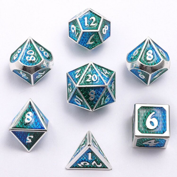 HYMGHO HYMGHO SOLID METAL MINI BEHEMOTH DICE SET - SILVER WITH BLUE AND GREEN
