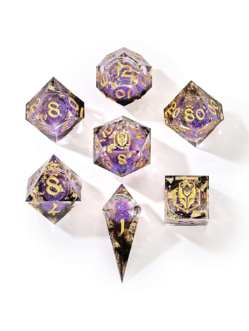 HYMGHO HYMGHO CAPTURED MAGIC HAND SANDED SHARP EDGE RESIN LIQUID CORE DICE SET MIDNIGHT VELVET