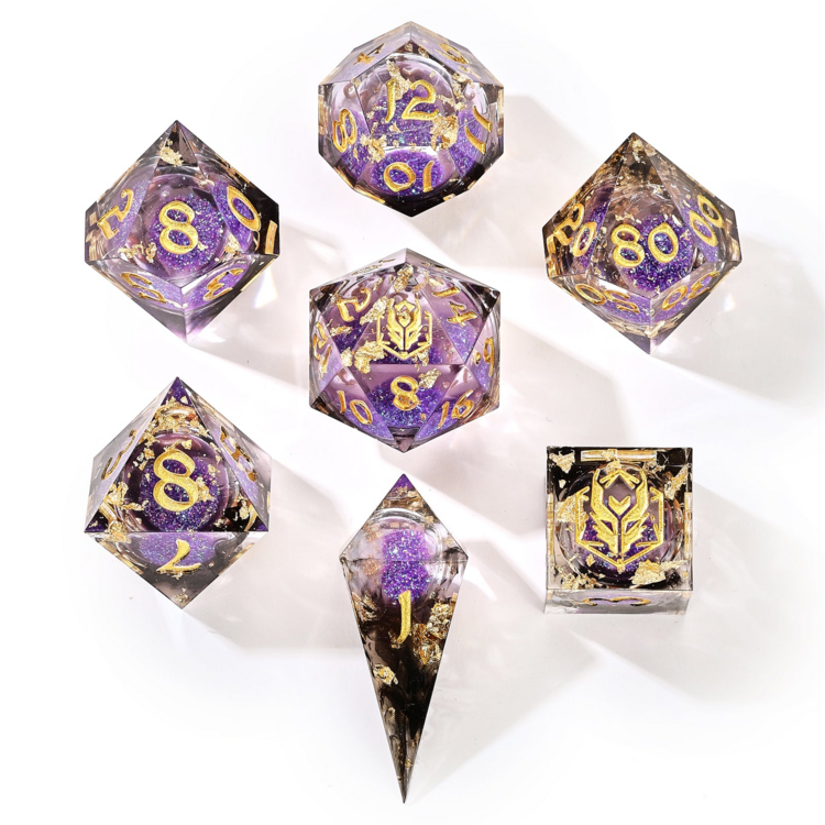 HYMGHO HYMGHO CAPTURED MAGIC HAND SANDED SHARP EDGE RESIN LIQUID CORE DICE SET MIDNIGHT VELVET