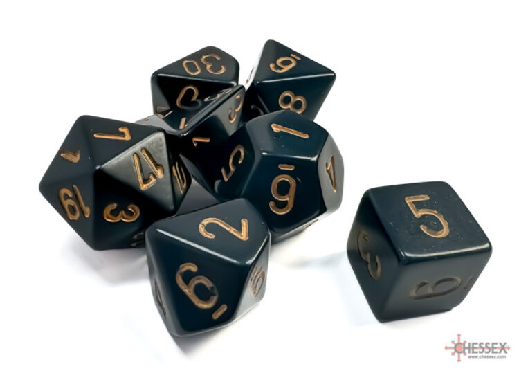 CHESSEX CHX 25428 7 PC POLY DICE SET OPAQUE BLACK W/GOLD