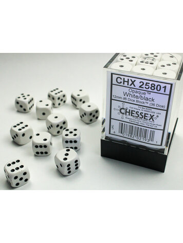CHESSEX CHX 25801 12MM D6 DICE BLOCK OPAQUE WHITE W/ BLACK