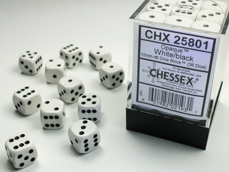 CHESSEX CHX 25801 12MM D6 DICE BLOCK OPAQUE WHITE W/ BLACK