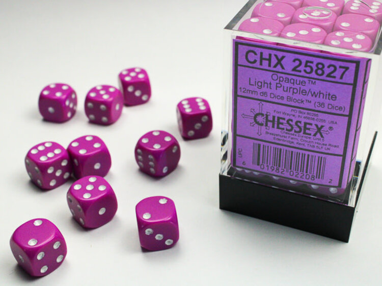 CHESSEX CHX 25827 12MM D6 DICE BLOCK OPAQUE LIGHT PURPLE W/ WHITE