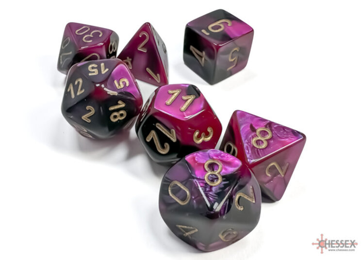 CHESSEX CHX 26440 7 PC POLY DICE SET BLACK PURPLE GEMINI