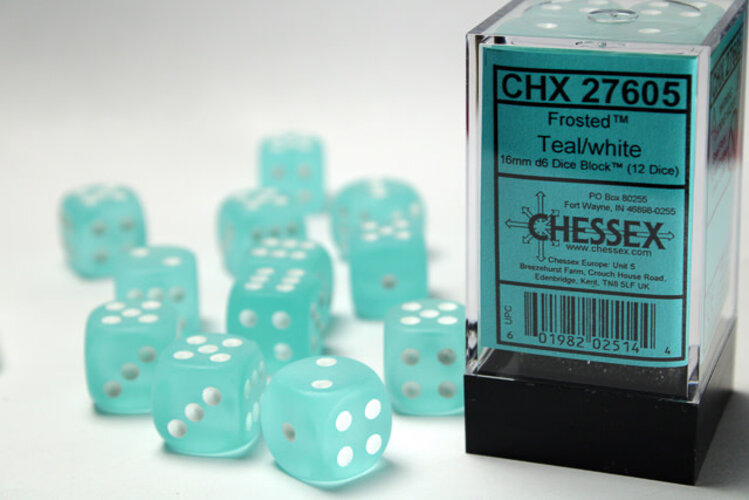CHESSEX CHX 27605 16MM D6 DICE BLOCK FROSTED TEAL W/WHITE