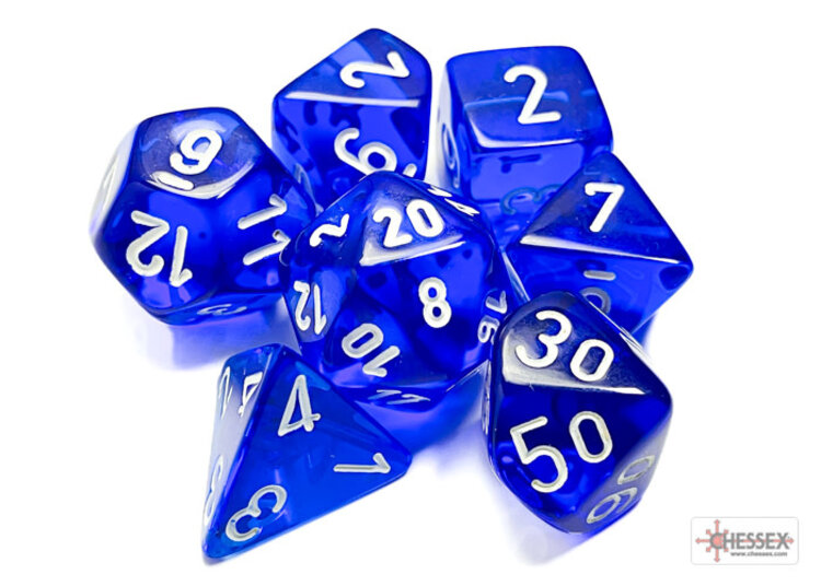CHESSEX CHX 23076 7CT POLYHEDRAL DICE TRANSLUCENT BLUE/WHITE