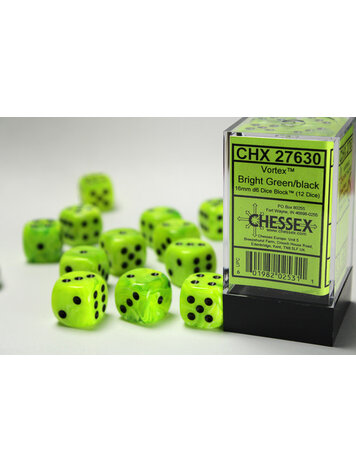 CHESSEX CHX 27630 16MM D6 DICE SET VORTEX BRIGHT GREEN W/BLACK