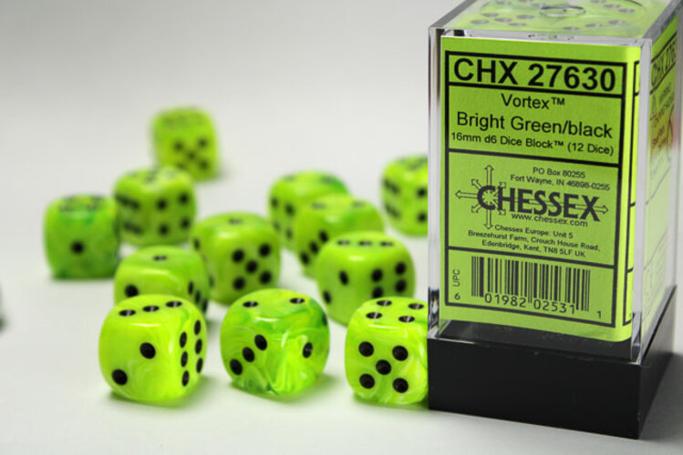 CHESSEX CHX 27630 16MM D6 DICE SET VORTEX BRIGHT GREEN W/BLACK