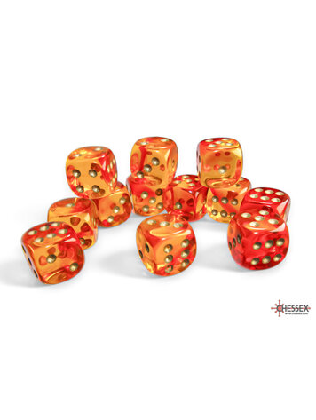 CHESSEX CHX 26668 12PC D6 DICE SET GEMINI TRANSULCENT RED-YELLOW W/ GOLD