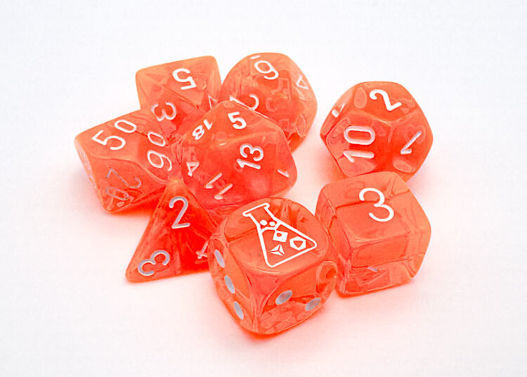 CHESSEX CHX 30060 LAB DICE 7 TRANSLUCENT POLYHEDRAL NEON ORANGE/WHITE 7-DIE SET