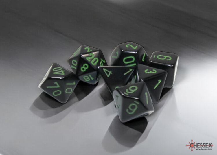 CHESSEX CHX 25458 7CT POLYHEDRAL DICE OPAQUE BLACK/GREEN