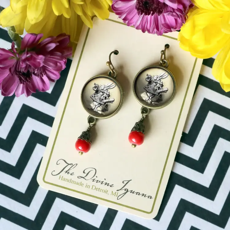 ALICE IN WONDERLAND WHITE RABBIT VICTORIAN EARRINGS