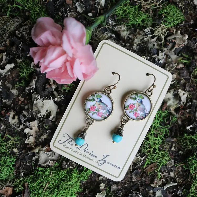 BLUEBIRD COTTAGECORE GLASS CABOCHON AND BRONZE EARRINGS