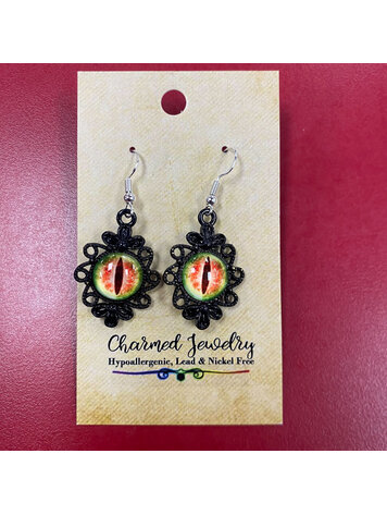 DRAGON EYE GOTHIC DANGLE EARRINGS - GREEN & RED