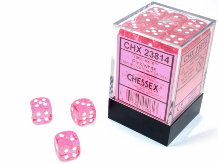 CHESSEX CHX 23814 36CT 12MM D6 TRANSLUCENT PINK/WHITE