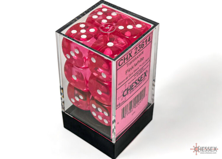 CHESSEX CHX 23614 12CT 16MM D6 TRANSLUCENT PINK/WHITE
