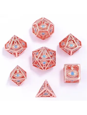 HYMGHO HYMGHO DRAGON'S EYE HOLLOW METAL DICE SET - COPPER W/ AQUA BLUE GEMS