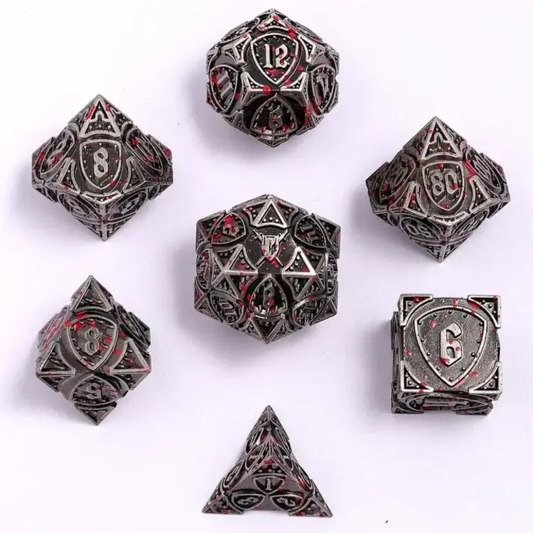 HYMGHO HYMGHO SOLID METAL FIGHTER DICE SET ANCIENT SILVER WITH BLOOD SPATTERS