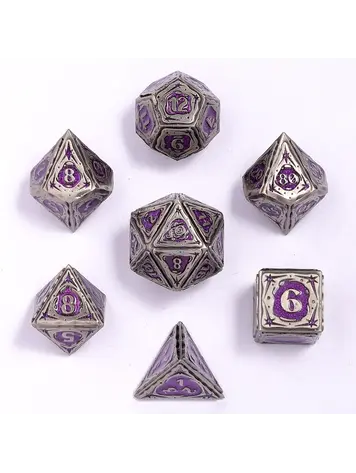 HYMGHO HYMGHO METAL SORCERER RPG DICE SET ANCIENT SILVER W PURPLE GLITTER