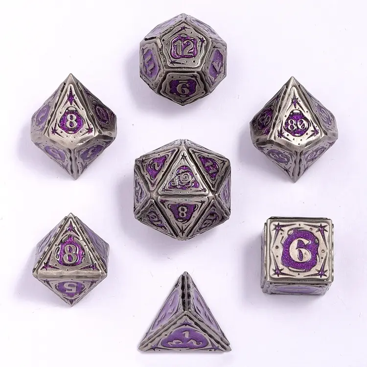 HYMGHO HYMGHO METAL SORCERER RPG DICE SET ANCIENT SILVER W PURPLE GLITTER