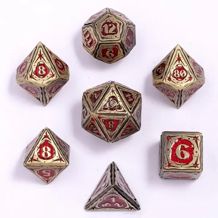 HYMGHO HYMGHO METAL SORCERER RPG DICE SET ANCIENT BRONZE W RED GLITTER