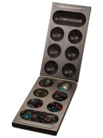 FOLDING MANCALA GAME DARK STAINED WOOD & GLASS STONES