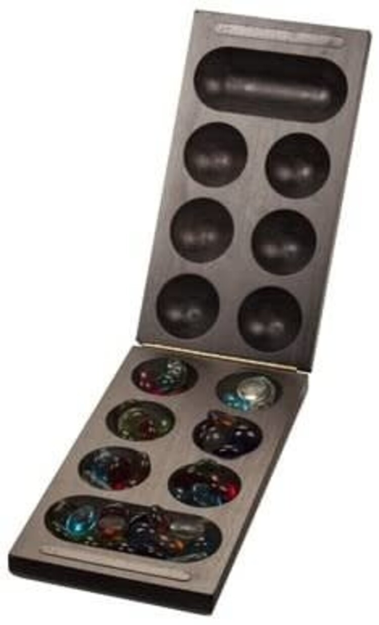 FOLDING MANCALA GAME DARK STAINED WOOD & GLASS STONES