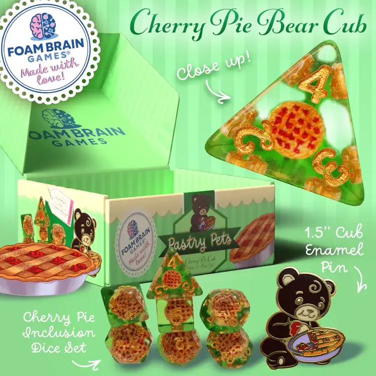 FOAM BRAIN GAMES FOAM BRAIN GAMES CUB PIN AND RPG DICE SET  PASTRY PETS - CHERRY PIE BEAR CUB