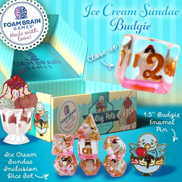 FOAM BRAIN GAMES FOAM BRAIN GAMES CUB PIN AND RPG DICE SET  PASTRY PETS - ICE CREAM SUNDAE BUDGIE