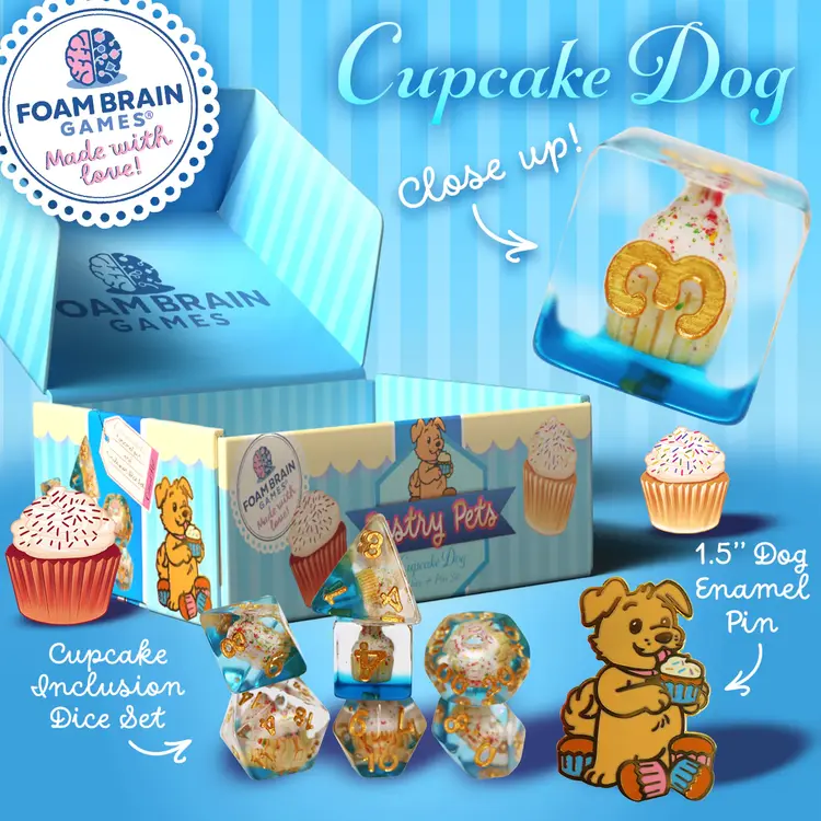 FOAM BRAIN GAMES FOAM BRAIN GAMES CUB PIN AND RPG DICE SET  PASTRY PETS - CUPCAKE DOG