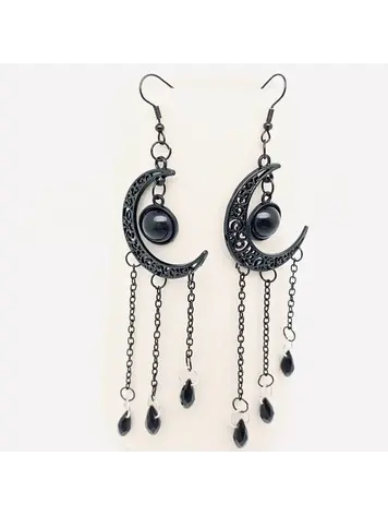 MIO QUEENA GOTHIC BLACK MOON LOMG CHAIN TASSEL EARRINGS