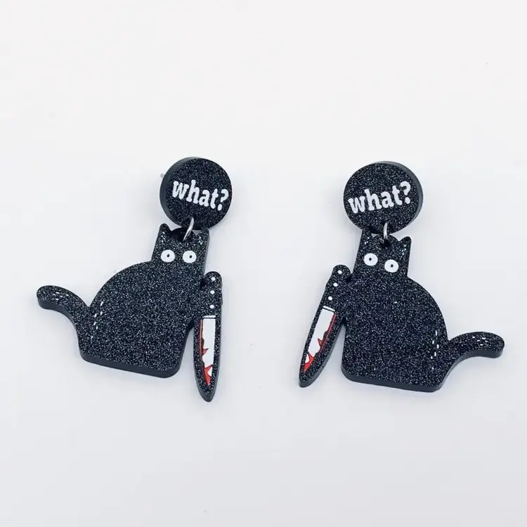 MIO QUEENA BLACK CAT "WHAT?" ACRYLIC POST EARRINGS