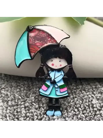 MIO QUEENA GIRL HOLDING UMBRELLA COLORED ENAMEL BROOCH