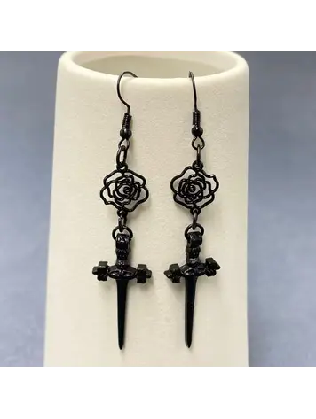 MIO QUEENA GOTHIC BLACK ROSE DAGGER DANGLE EARRINGS