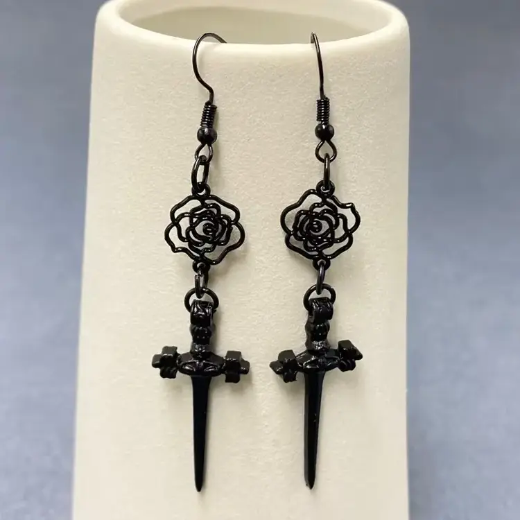 MIO QUEENA GOTHIC BLACK ROSE DAGGER DANGLE EARRINGS