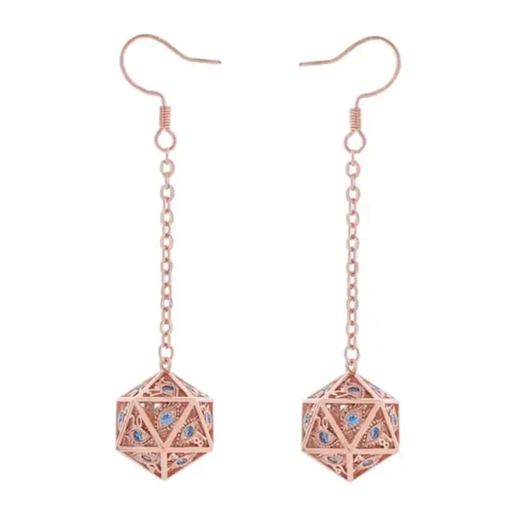 HYMGHO HYMGHO DRAGON'S EYE D20 EARRINGS ROSE GOLD w/BLUE GEMS