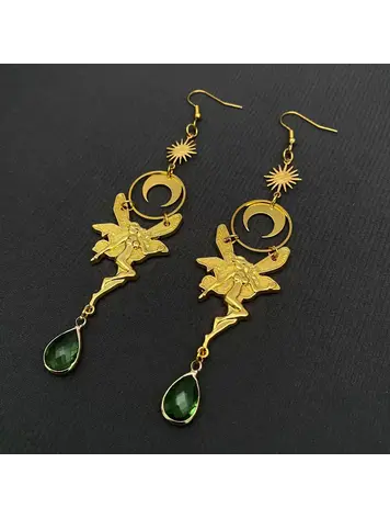 MIO QUEENA GREEN CRYSTAL ELF & MOON CHARM GOLD EARRINGS