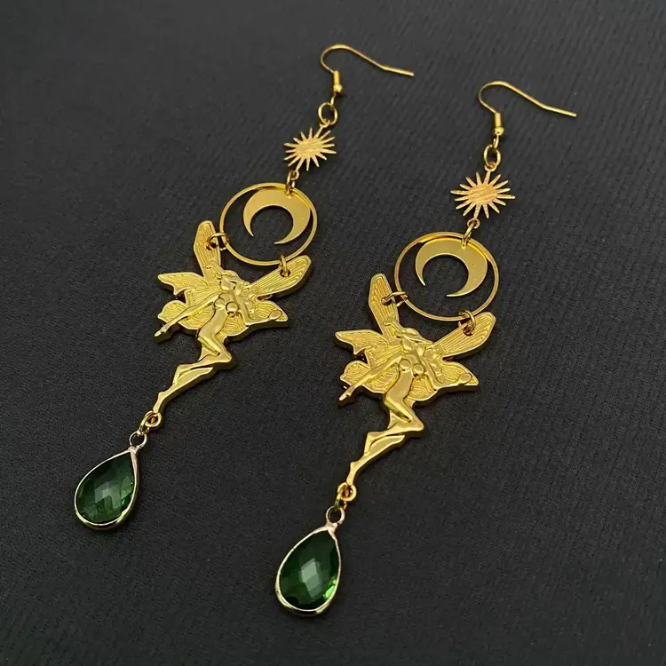 MIO QUEENA GREEN CRYSTAL ELF & MOON CHARM GOLD EARRINGS