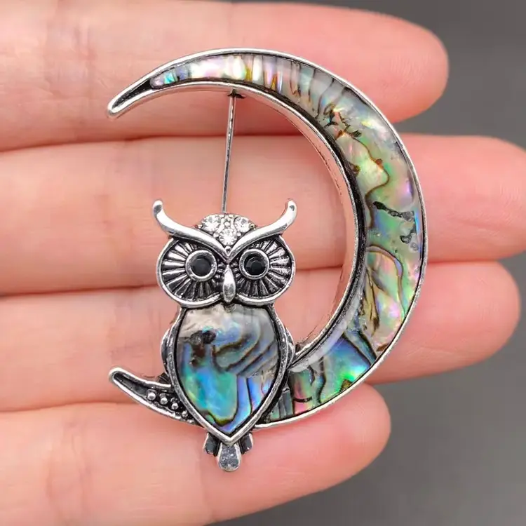 MIO QUEENA ABALONE SHELL & RHINESTONE INLAID OWL ON THE MOON BROOCH