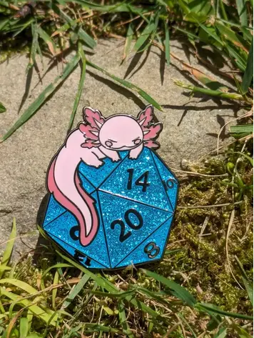 AXOLOTL ON D20 HARD ENAMEL PIN - 1.5"