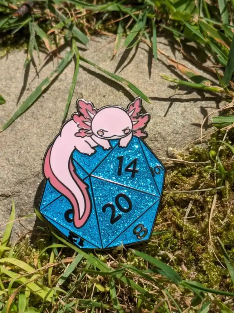 AXOLOTL ON D20 HARD ENAMEL PIN - 1.5"