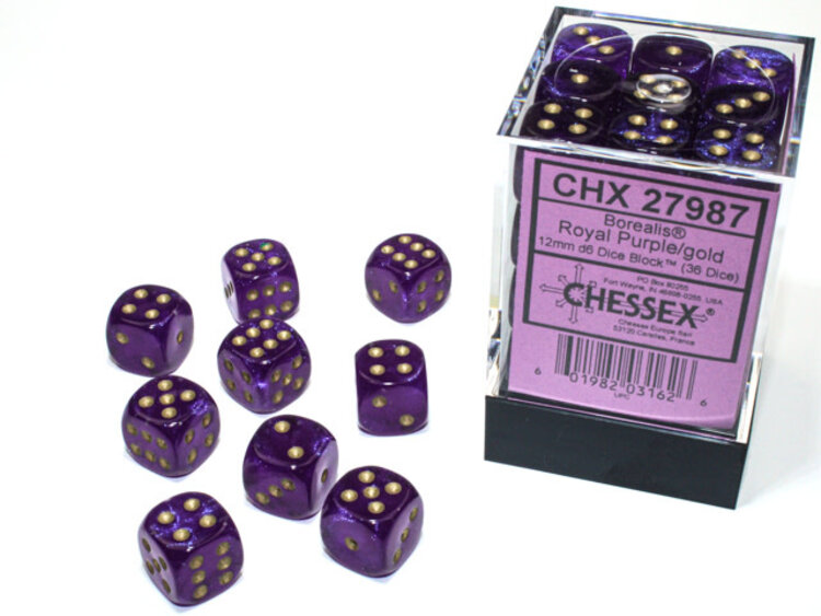 CHESSEX CHX 27987 12MM D6 BOREALIS ROYAL PURPLE/GOLD LUMINARY DICE