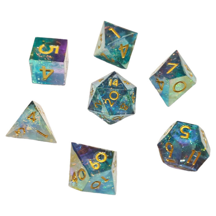 7 SET SHARP RESIN TEAL NEBULA DICE