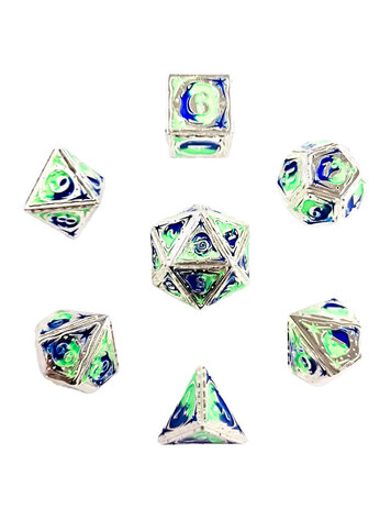 HYMGHO HYMGHO METAL SORCERER RPG DICE SET SILVER W BLUE AND UV REACTIVE GREEN