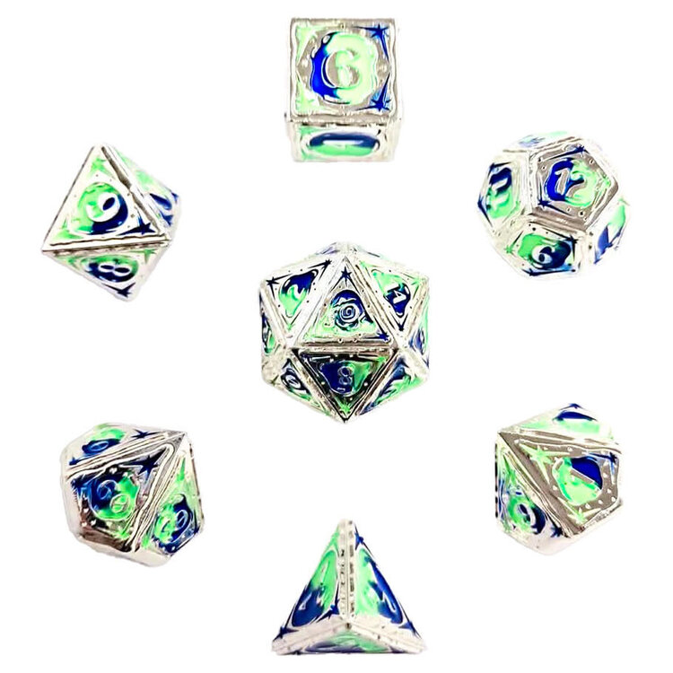HYMGHO HYMGHO METAL SORCERER RPG DICE SET SILVER W BLUE AND UV REACTIVE GREEN