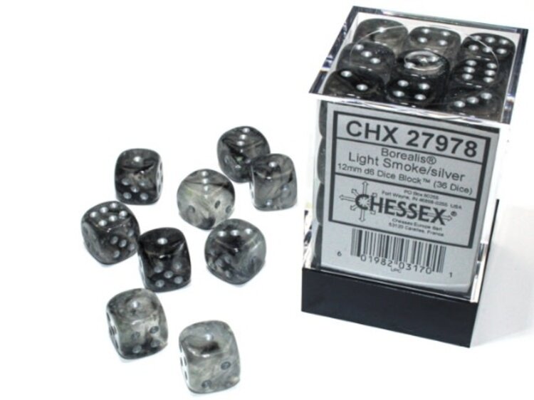 CHESSEX CHX 27978 12MM D6 BOREALIS LIGHT SMOKE/SILVER LUMINARY DICE