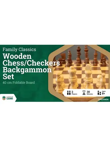 WOODEN FOLDING CHESS/CHECKERS/BACKGAMMON SET