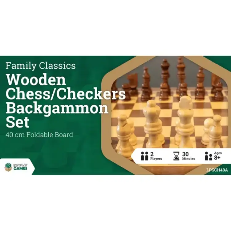 WOODEN FOLDING CHESS/CHECKERS/BACKGAMMON SET